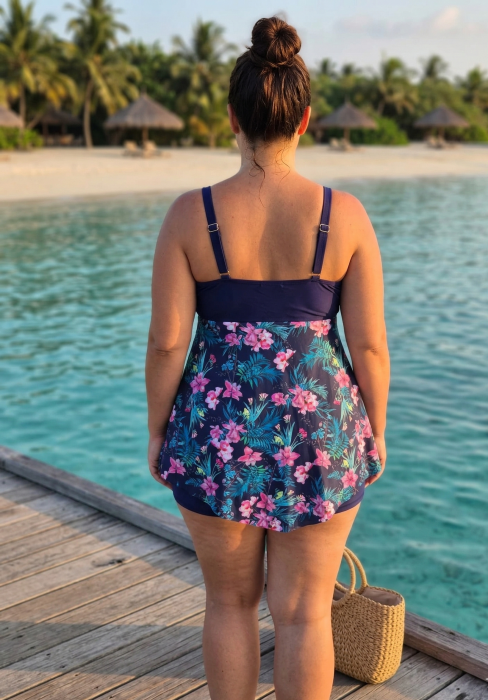 Costum de baie marime mare tip tankini, doua piese, fusta si pantaloni scurti, bleumarin w110 [2]