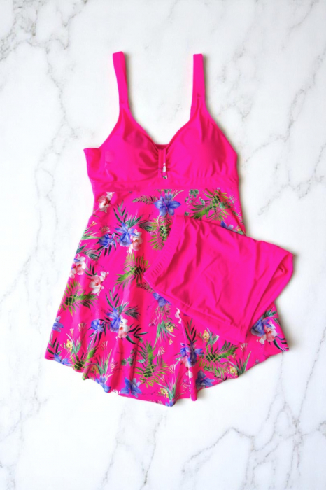 Costum de baie marime mare tip tankini, doua piese, fusta si pantaloni scurti, roz, Kira [2]