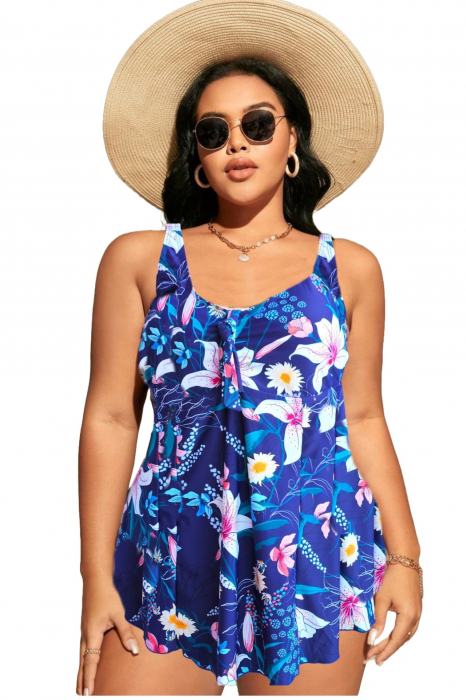 Costum de baie marime mare tip tankini, doua piese, fusta si pantaloni scurti, albastru, exotic vibe, embody.ro [4]