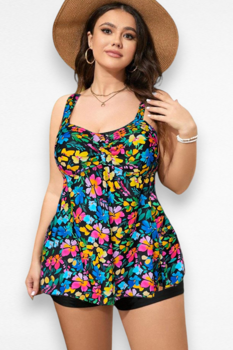 Costum de baie marime mare tip tankini, doua piese, rochita si pantaloni scurti, floral, multicolor, embody.ro [4]
