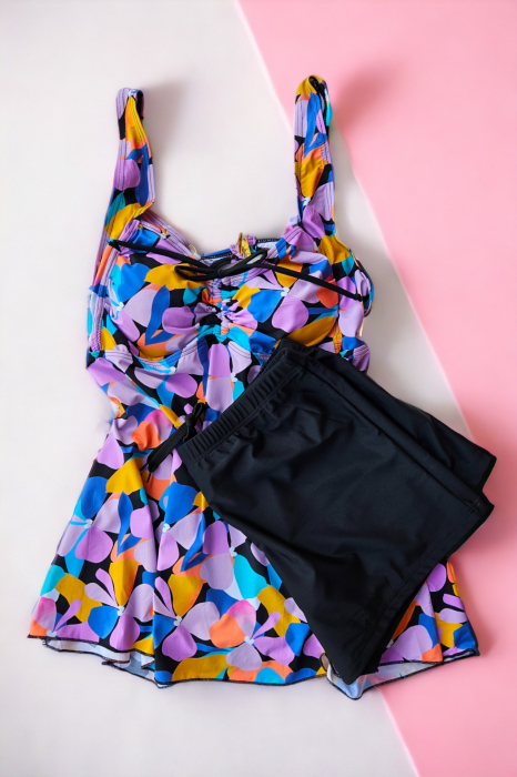Costum de baie marime mare tip tankini, doua piese, rochita si pantaloni scurti, multicolor, Flower vibe, embody.ro [2]