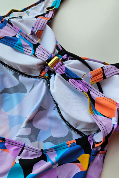 Costum de baie marime mare tip tankini, doua piese, rochita si pantaloni scurti, multicolor, Flower vibe, embody.ro [3]