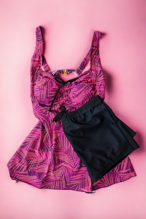 Costum de baie marime mare tip tankini, doua piese, rochita si pantaloni scurti, visiniu, embody.ro [2]