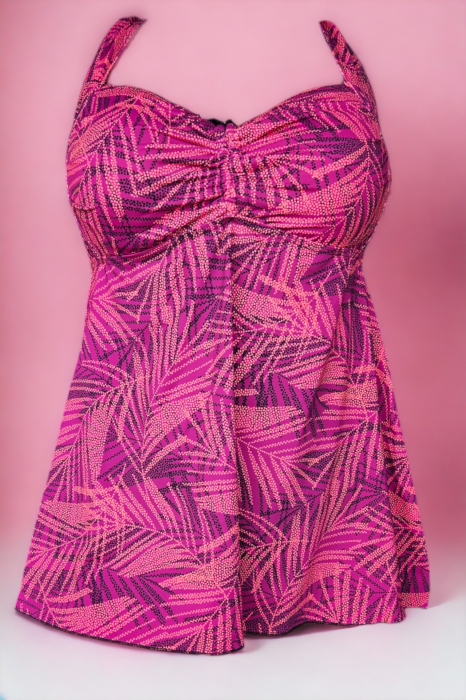 Costum de baie marime mare tip tankini, doua piese, rochita si pantaloni scurti, visiniu, embody.ro [3]