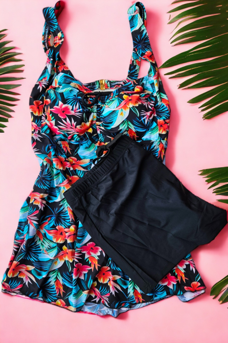 Costum de baie marime mare tip tankini, doua piese, rochita si pantaloni scurti, multicolor, Exotic, embody.ro [2]
