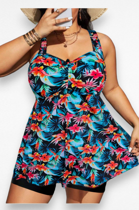 Costum de baie marime mare tip tankini, doua piese, rochita si pantaloni scurti, multicolor, Exotic, embody.ro [5]