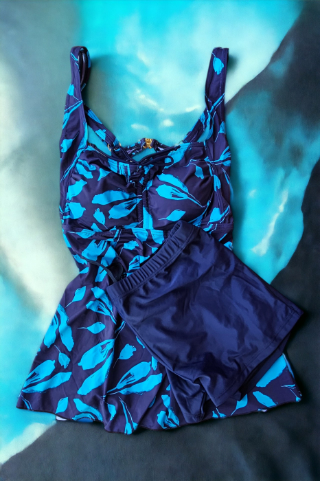Costum de baie marime mare tip tankini, doua piese, rochita si pantaloni scurti, albastru, Palms, embody.ro [2]