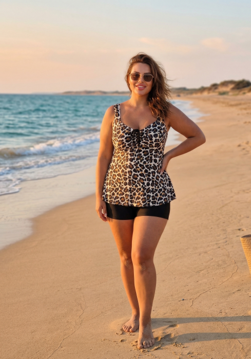 Costum de Baie Tankini cu rochita si slip pantaloni scurti 2 Piese leo print F2503 [3]