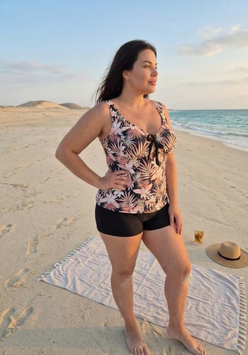 Costum de Baie Tankini cu rochita si slip pantaloni scurti 2 Piese roze flowers F2503 [4]