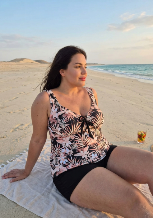 Costum de Baie Tankini cu rochita si slip pantaloni scurti 2 Piese roze flowers F2503 [2]