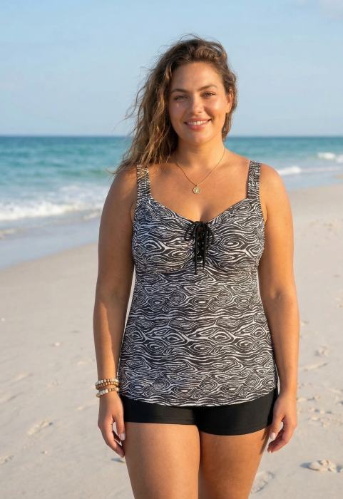 Costum de Baie Tankini cu rochita si slip pantaloni scurti 2 Piese alb/negru f2503 [2]