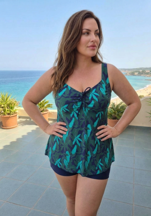 Costum de Baie Tankini cu rochita si slip tip pantaloni scurti 2 Piese Bleumarin f2503 [2]