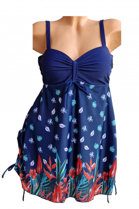 Costum de baie marime mare tip tankini, doua piese, fusta si pantaloni scurti, bleumarin, Ania, embody.ro [5]