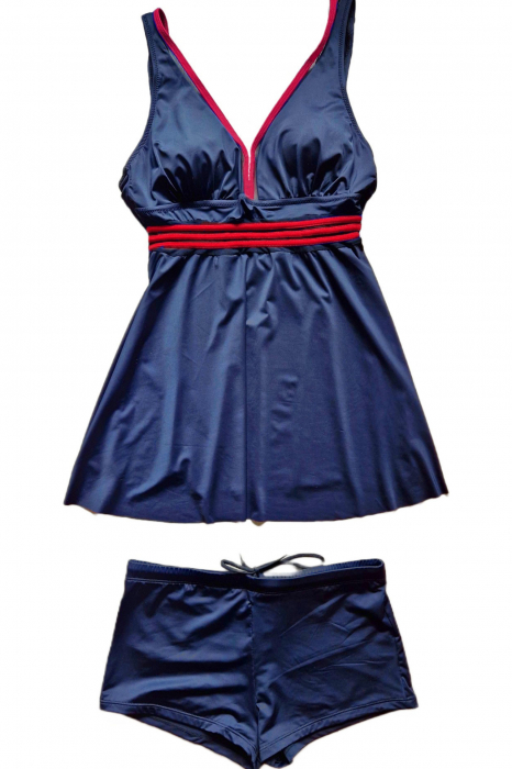 Costum de baie tip tankini, doua piese, fusta si pantaloni scurti, bleumarin, Tania, embody.ro [4]