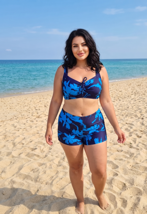Costum de baie dama 2 piese marimi mari  cu Pantaloni Scurti si Bustiera Reglabila -Floral Albastru f2505 [2]