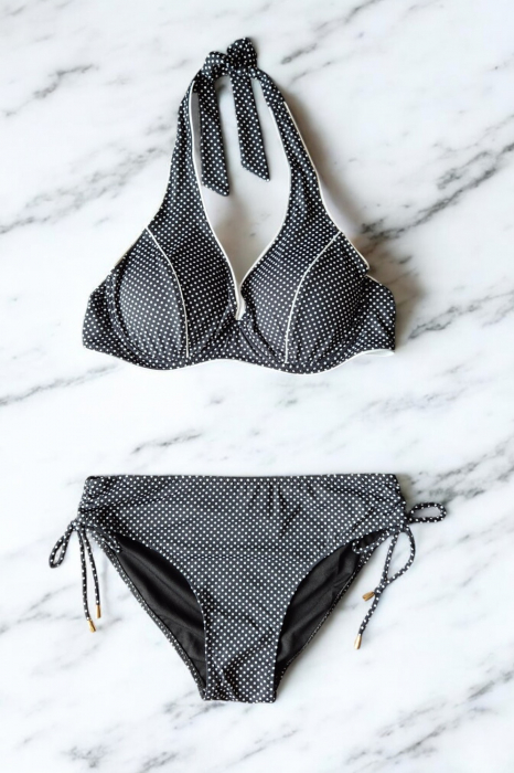 Costum de Baie Dama 2 Piese, Negru cu Buline, Retro  lm046 [3]