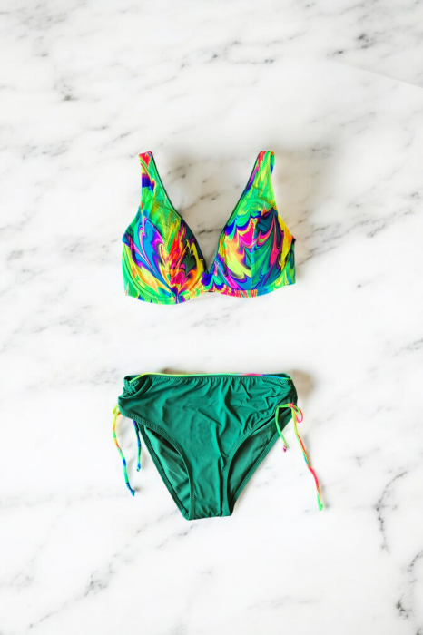 Costume de Baie Doua piese, Marime Mare- top colorat stil vibrant slip verde, 88086 [2]