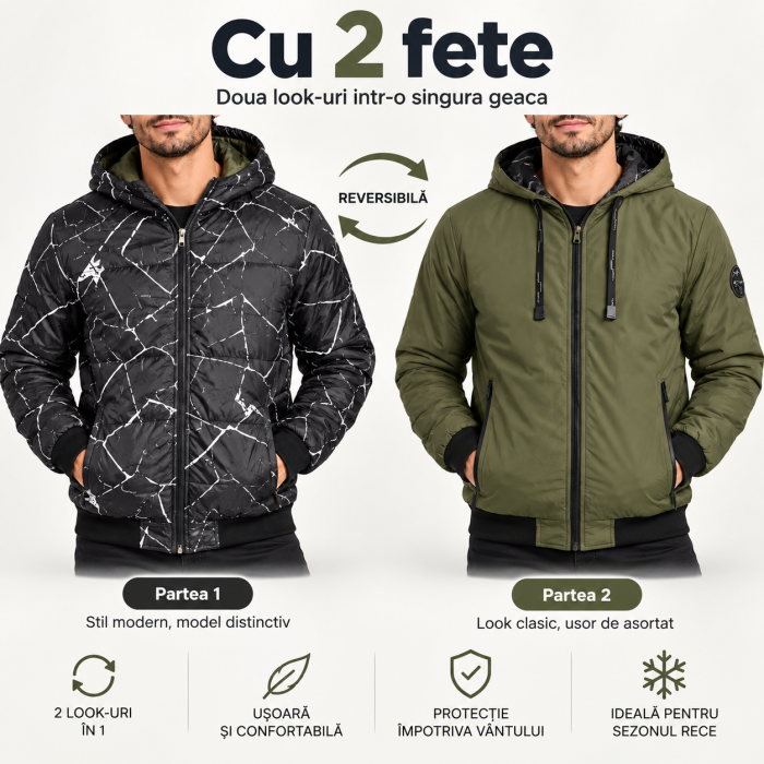 Geaca barbati 2 fete din fas subtire cu gluga fixa si buzunare cu fermoar kaki 7171 [2]