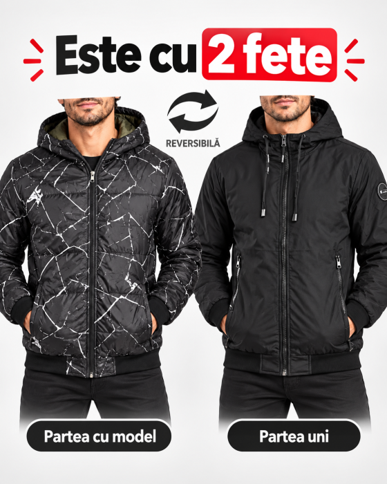 Geaca barbati 2 fete din fas subtire cu gluga fixa si buzunare cu fermoar negru 7171 [2]