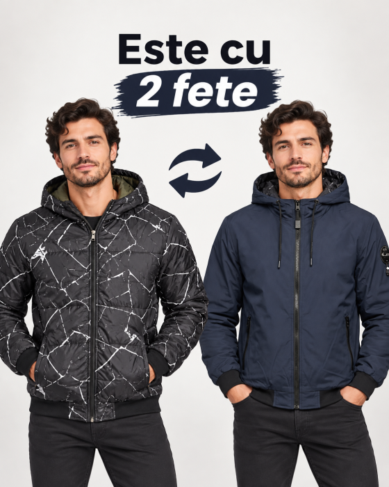 Geaca barbati 2 fete fas subtire cu gluga fixa si buzunare cu fermoar bleumarin 7171 [2]