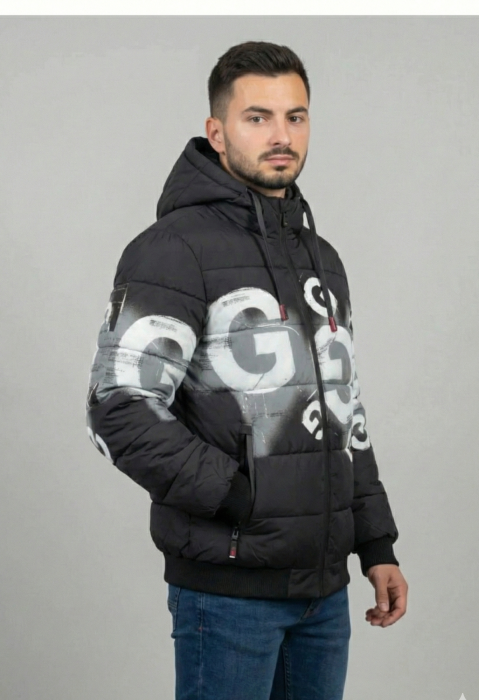 Geaca barbati casual groasa, cu gluga  detasabila si buzunare cu fermoar 88973 negru/gri [4]