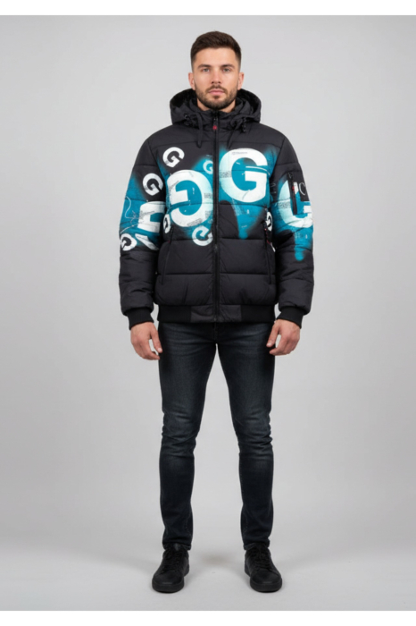 Geaca barbati casual groasa, cu gluga  detasabila si buzunare cu fermoar 88973 negru/bleu [4]