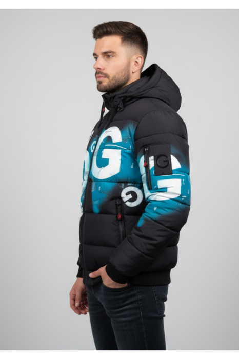 Geaca barbati casual groasa, cu gluga  detasabila si buzunare cu fermoar 88973 negru/bleu [2]