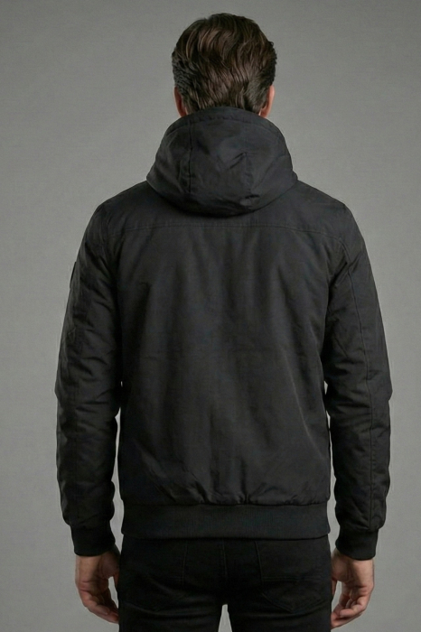 Geaca barbati din fas subtire cu gluga fixa si buzunare cu fermoar negru 7171 [2]
