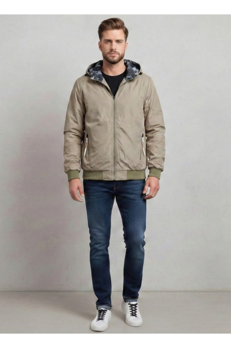 Geaca barbati cu doua fete, gluga fixa si imprimeu montan/uni 62504 [3]