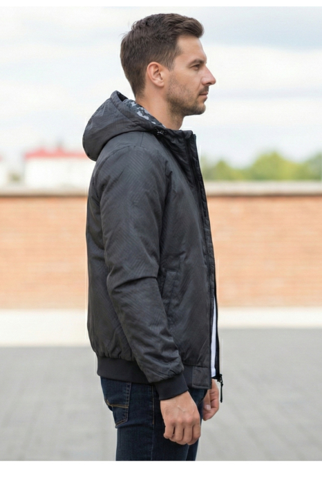 Geaca barbati cu doua fete, gluga fixa si imprimeu montan/ negru uni 62504 [3]