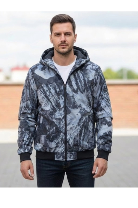 Geaca barbati cu doua fete, gluga fixa si imprimeu montan/ negru uni 62504 [2]