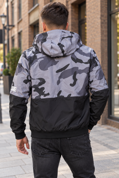 Geaca de Fas Subtire Barbati cu Gluga, Model Camuflaj Gri-Negru, Buzunare cu Fermoar 7172 [5]