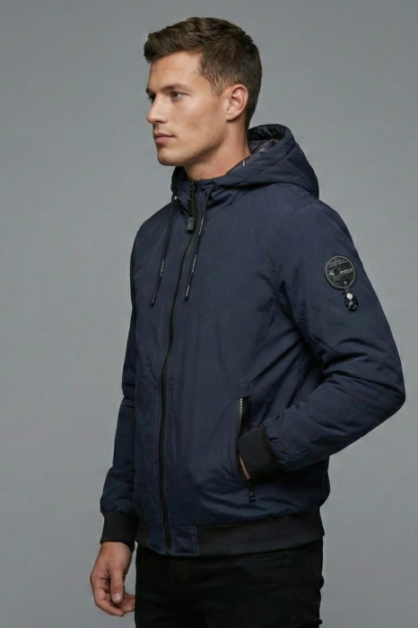 Geaca barbati din fas subtire cu gluga fixa si buzunare cu fermoar bleumarin 7171 [4]
