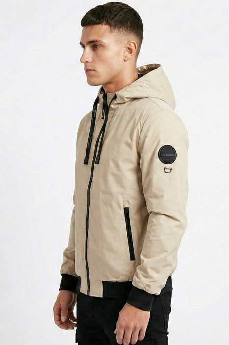 Geaca barbati din fas subtire cu gluga fixa si buzunare cu fermoar bej 7171 [3]