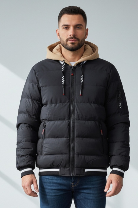 Geaca groasa Puffer Barbati Neagra cu Gluga detasabila Bej 7457-1 negru [1]