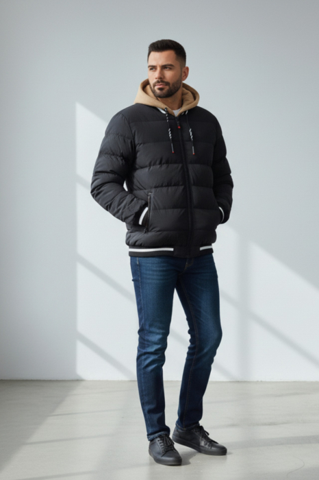 Geaca groasa Puffer Barbati Neagra cu Gluga detasabila Bej 7457-1 negru [2]