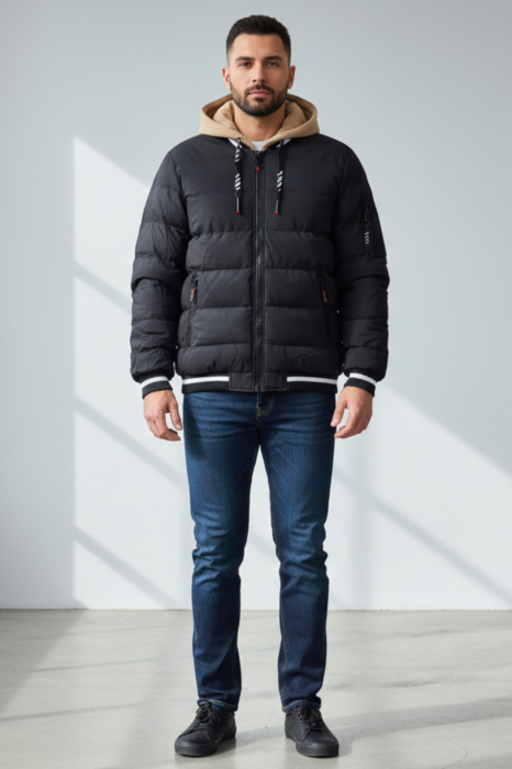 Geaca groasa Puffer Barbati Neagra cu Gluga detasabila Bej 7457-1 negru [5]