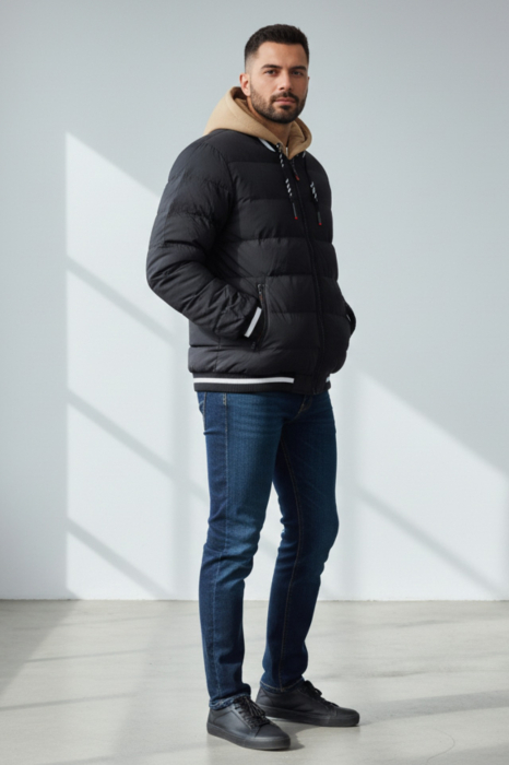 Geaca groasa Puffer Barbati Neagra cu Gluga detasabila Bej 7457-1 negru [3]