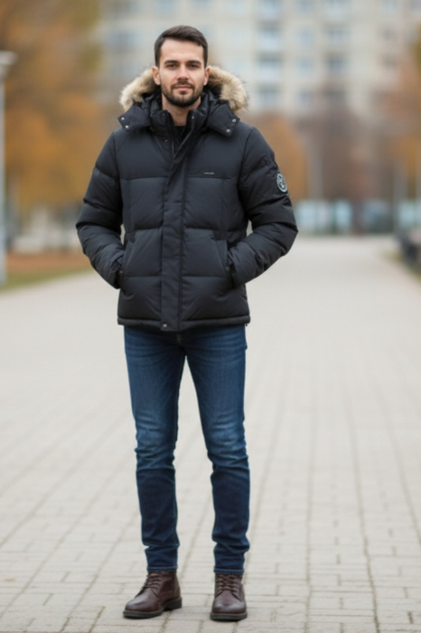 Geaca barbati iarna neagra matlasata ,gluga cu puf detasabila 7460-1 [7]