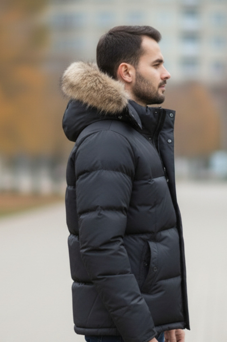 Geaca barbati iarna neagra matlasata ,gluga cu puf detasabila 7460-1 [3]