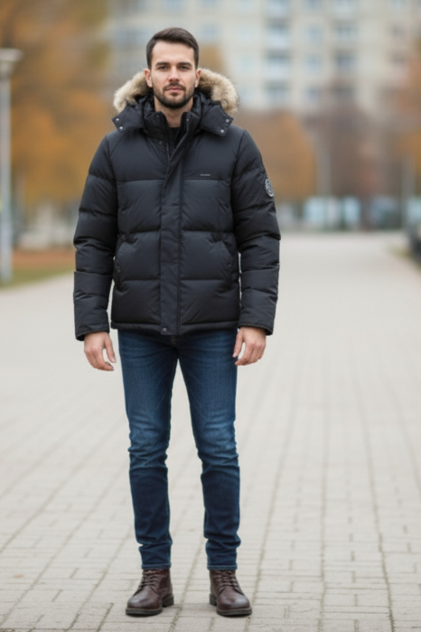 Geaca barbati iarna neagra matlasata ,gluga cu puf detasabila 7460-1 [6]