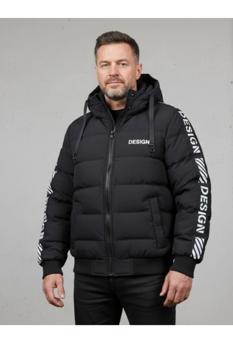 Geaca groasa de iarna barbati, neagra cu gluga detasabila si imprimeu "Design" 7951-1 [2]