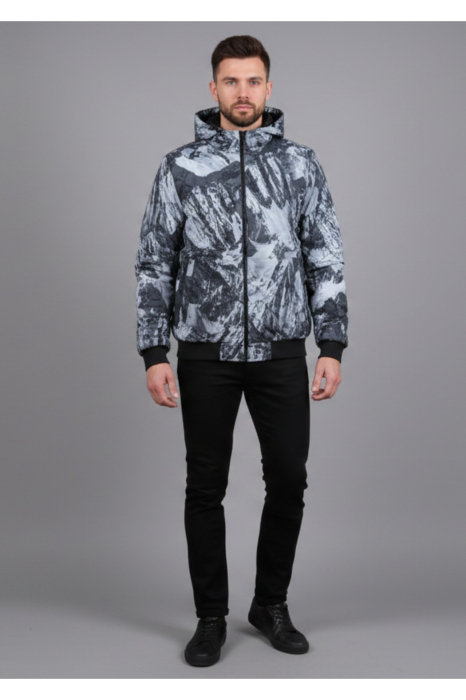 Geaca barbati cu doua fete, gluga fixa si imprimeu montan/uni 62504 [2]