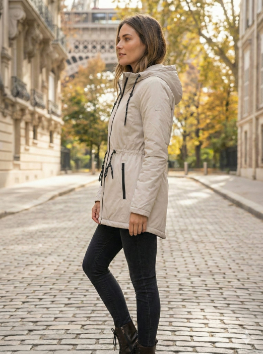 Geaca dama cu gluga detasabila, buzunare, inchidere fermoar, bej 8000 [6]