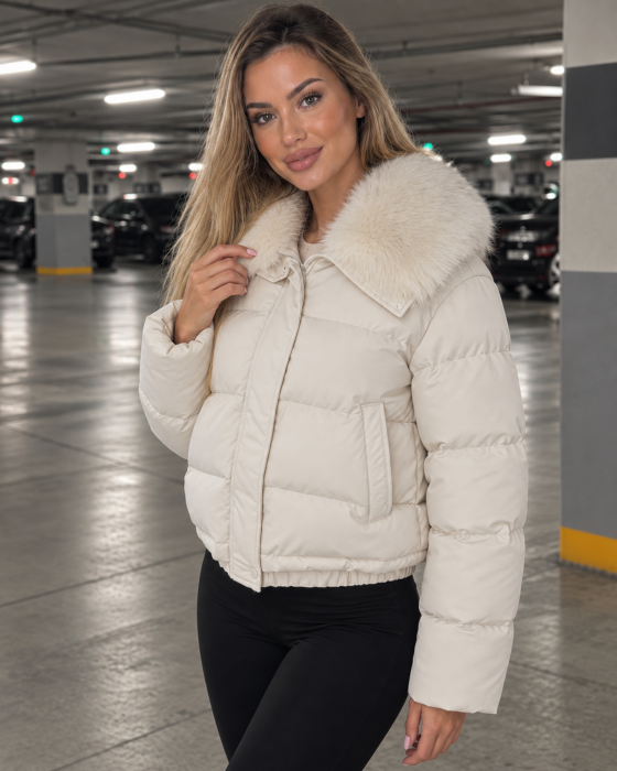 Geaca dama de iarna cu blana detasabila, croi lejer oversize, model scurt matlasat, crem 8813 [2]