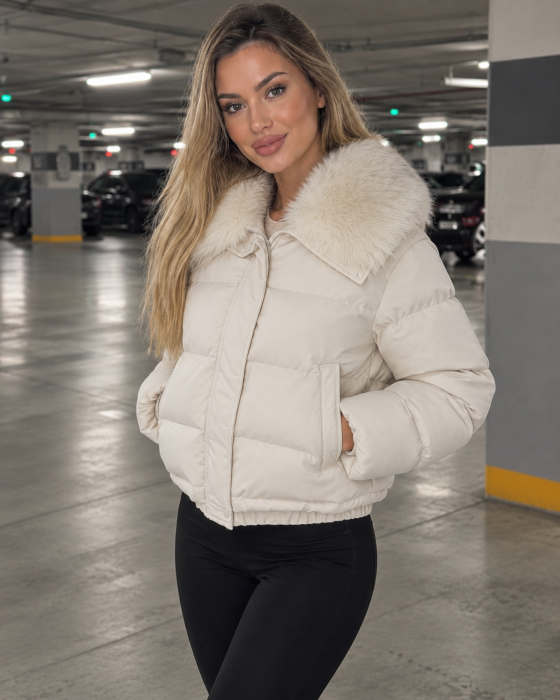 Geaca dama de iarna cu blana detasabila, croi lejer oversize, model scurt matlasat, crem 8813 [5]