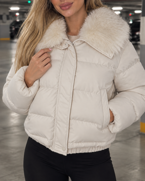 Geaca dama de iarna cu blana detasabila, croi lejer oversize, model scurt matlasat, crem 8813 [4]