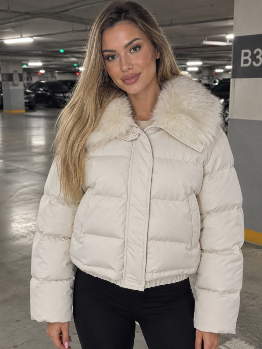 Geaca dama de iarna cu blana detasabila, croi lejer oversize, model scurt matlasat, crem 8813 [6]