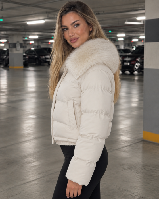 Geaca dama de iarna cu blana detasabila, croi lejer oversize, model scurt matlasat, crem 8813 [3]