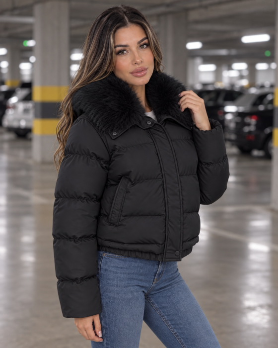 Geaca dama de iarna cu blana detasabila, croi lejer oversize, model scurt matlasat, negru 8813 [2]